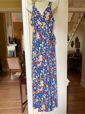 Market & Spruce blue with orange yellow & blue design wrap front maxi dress LP